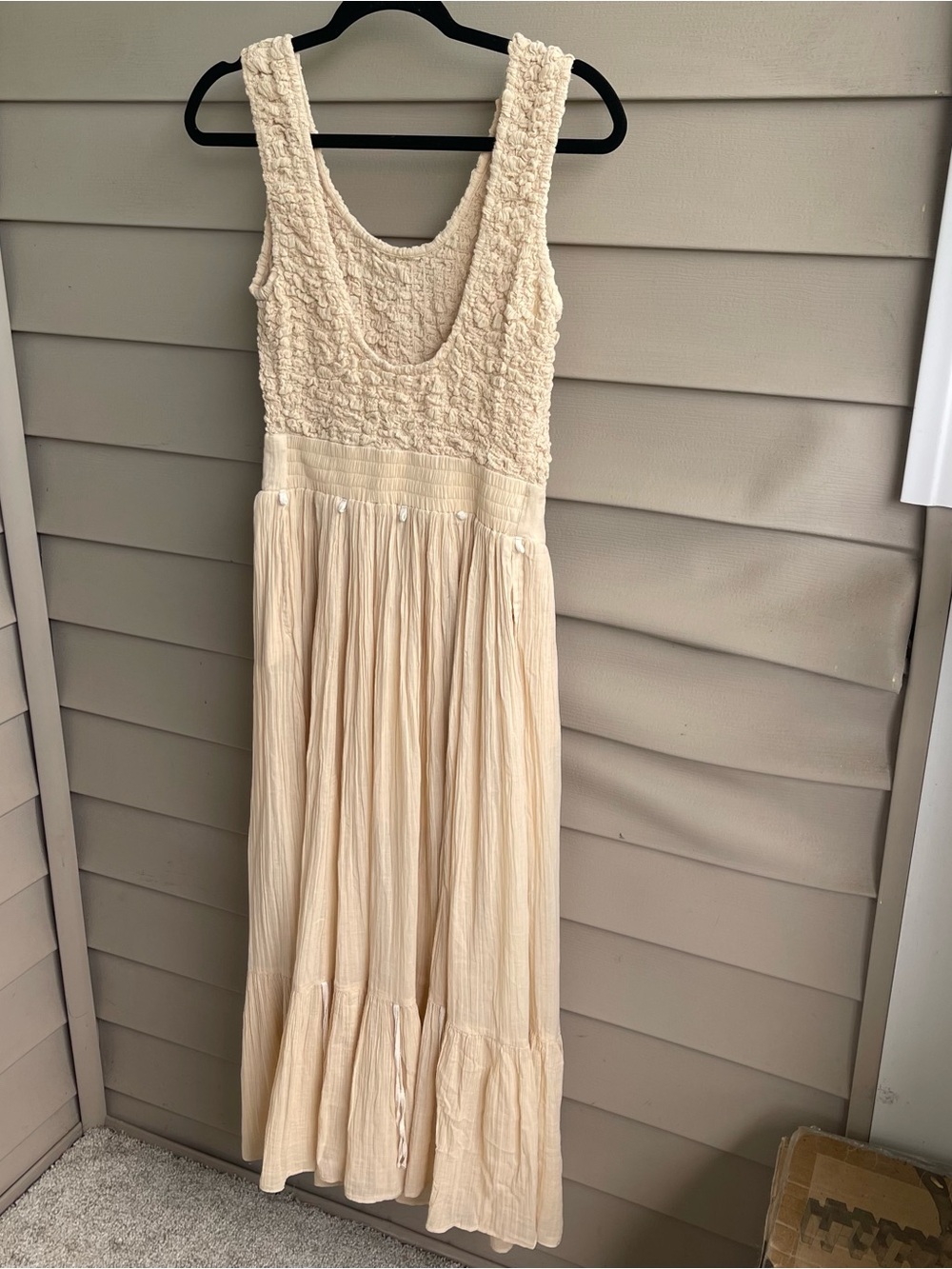 Free People Midi Dress Ivory Romantic Boho Festival Smocked Pockets Size S - Picture 2 of 10